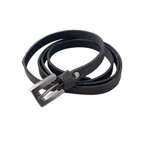 Black Leather Skinny Waist Belt M/L Adjustable Fit Silver Buckle Business Casual